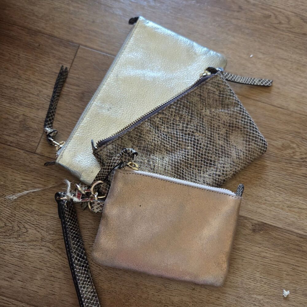 Chico’s Leather 3 Piece Gold Snake Print Zip Pouch Set Detachable Straps